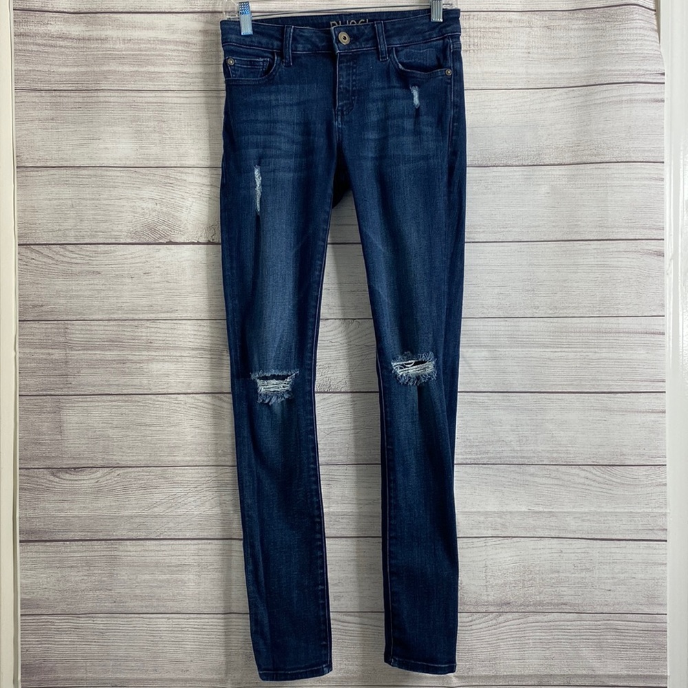 DL1961 Florence Insta-Sculpt Skinny Jeans in Vortrex Blue, Distressing/Holes: 25